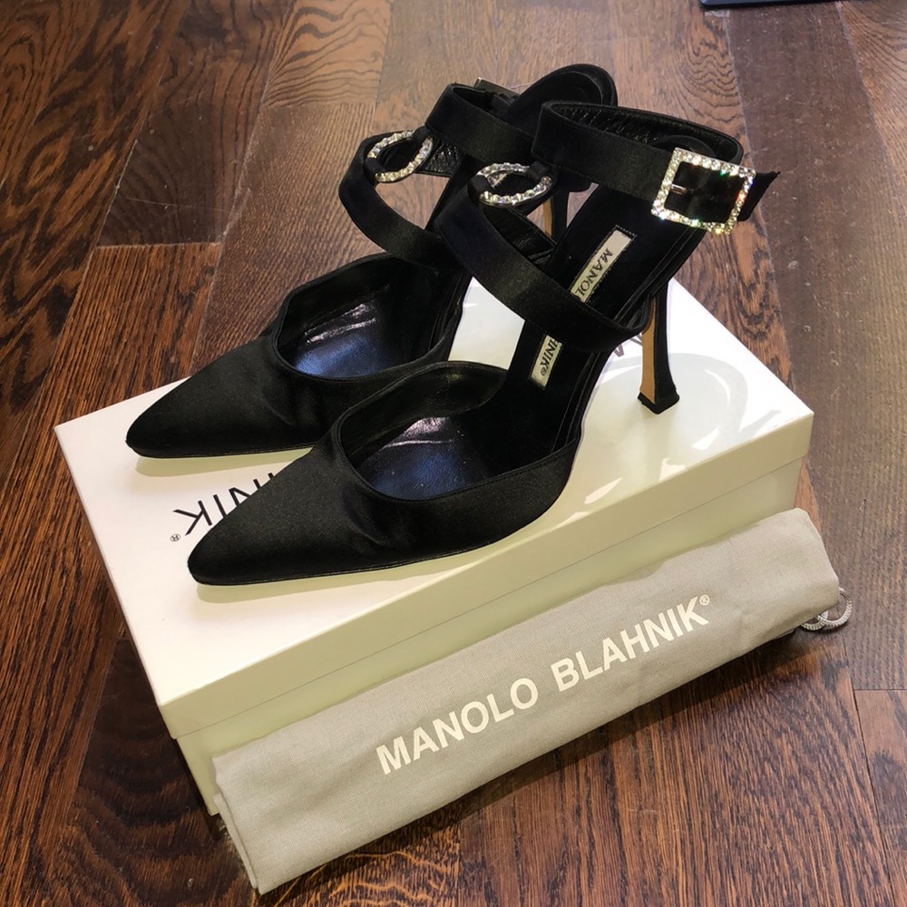 Manolo Blahnik, Black satin with rhinestones, Size 36.5
